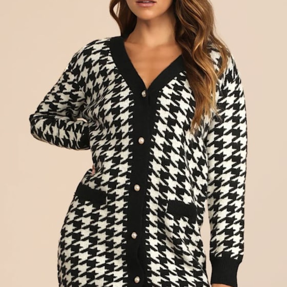 Lulus x LUSH Truly Iconic Black And White Houndstooth Cardigan Sweater Dress